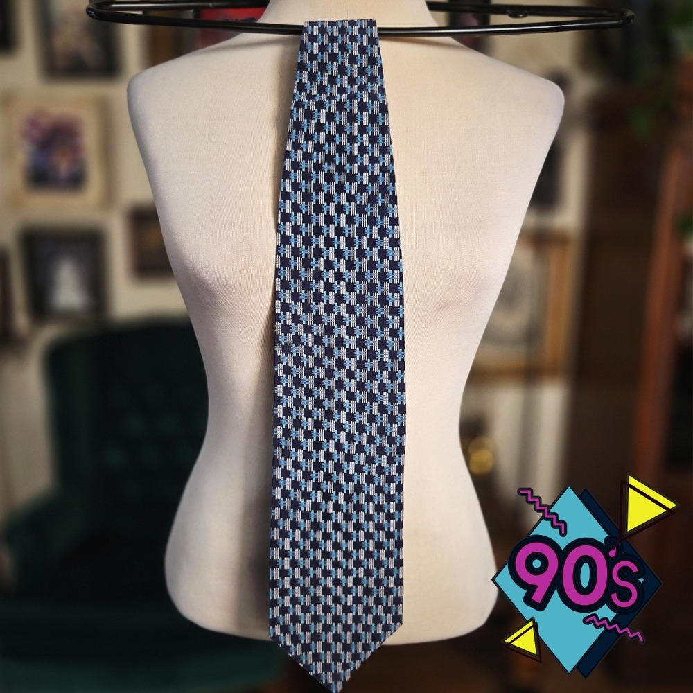 Structure Silk Tie Vintage 90s Geometric Blue Navy White Retro Deadstock USA 55"